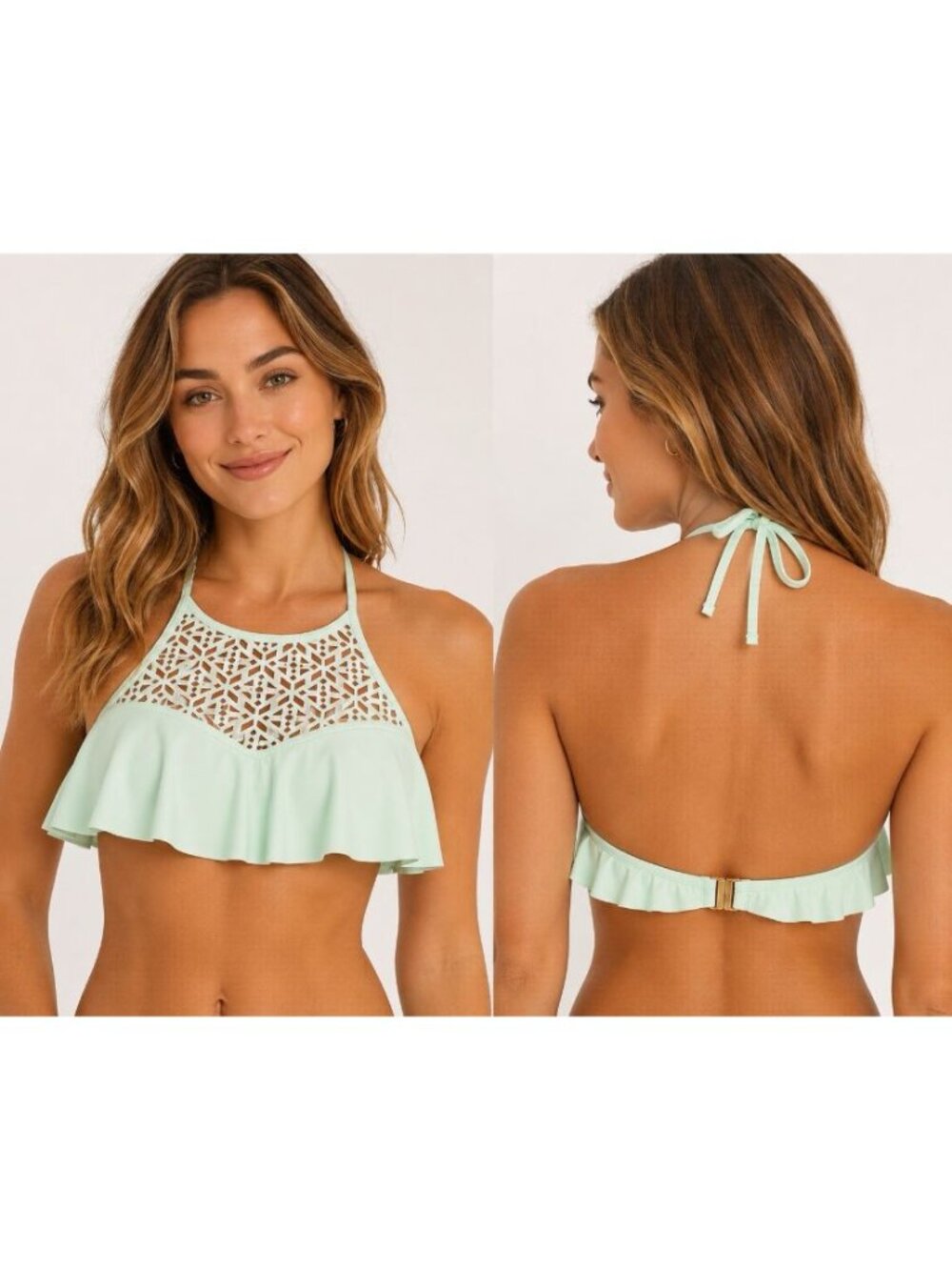 Attard State Swim Bikini Top Womens Medium Mint Green Ruffle Halter Swimwear